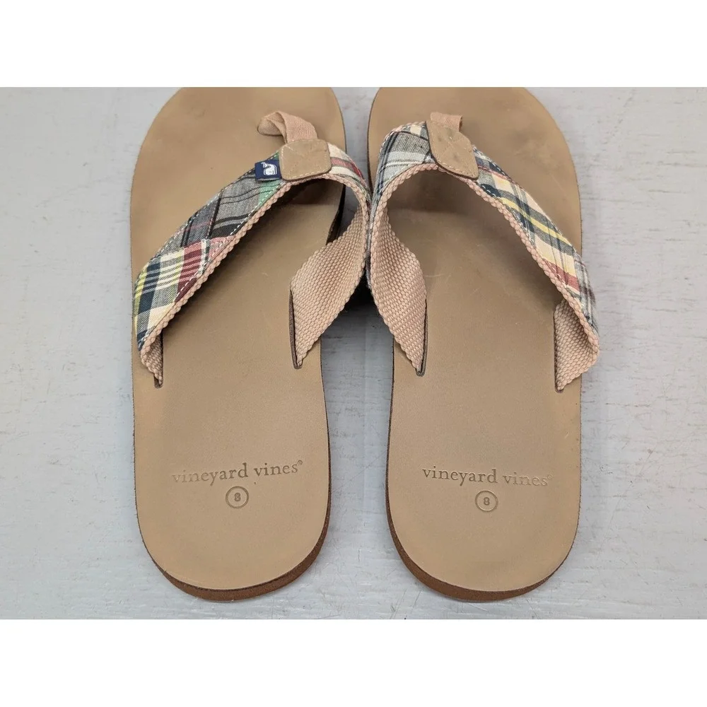Vineyard Vines Plaid Flip Flops Sandals Mens 8 Whale Logo Beach Coastal Vacation